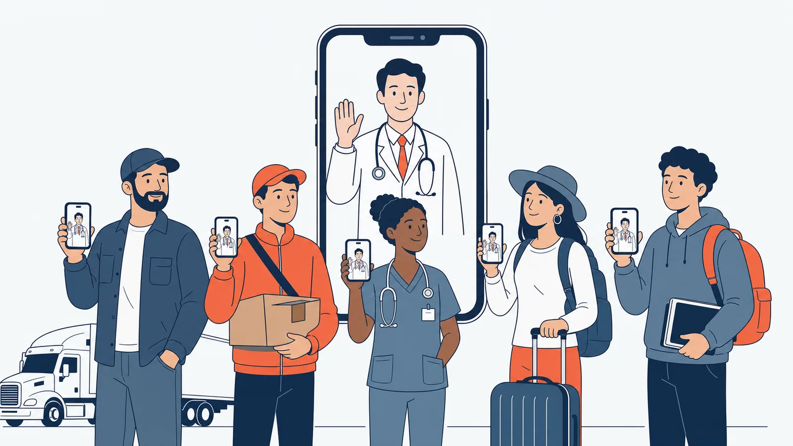 Illustration of the communities TeleDirectMD serves — truck drivers, gig workers, travel nurses, travelers, and students connecting with a doctor by video