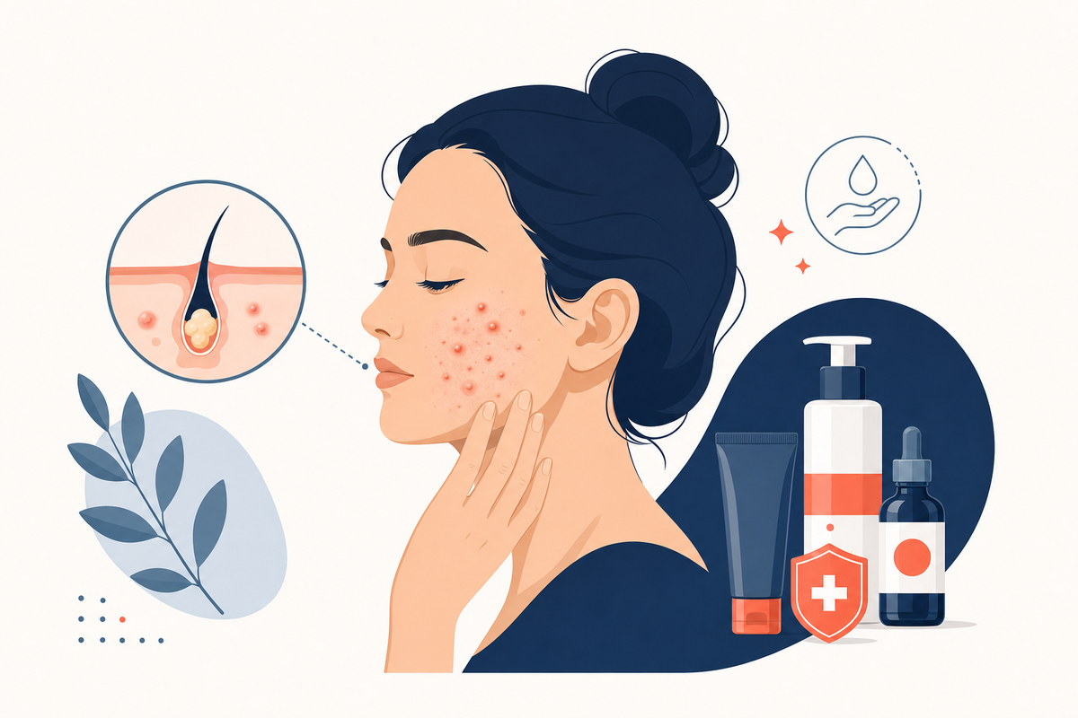 Editorial medical illustration representing Acne Vulgaris