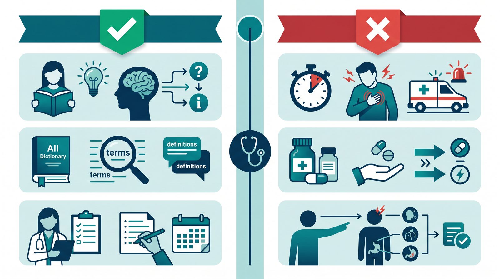 Comparison checklist showing safe AI chatbot uses including general education and preparing questions versus unsafe uses like emergency triage and prescription advice