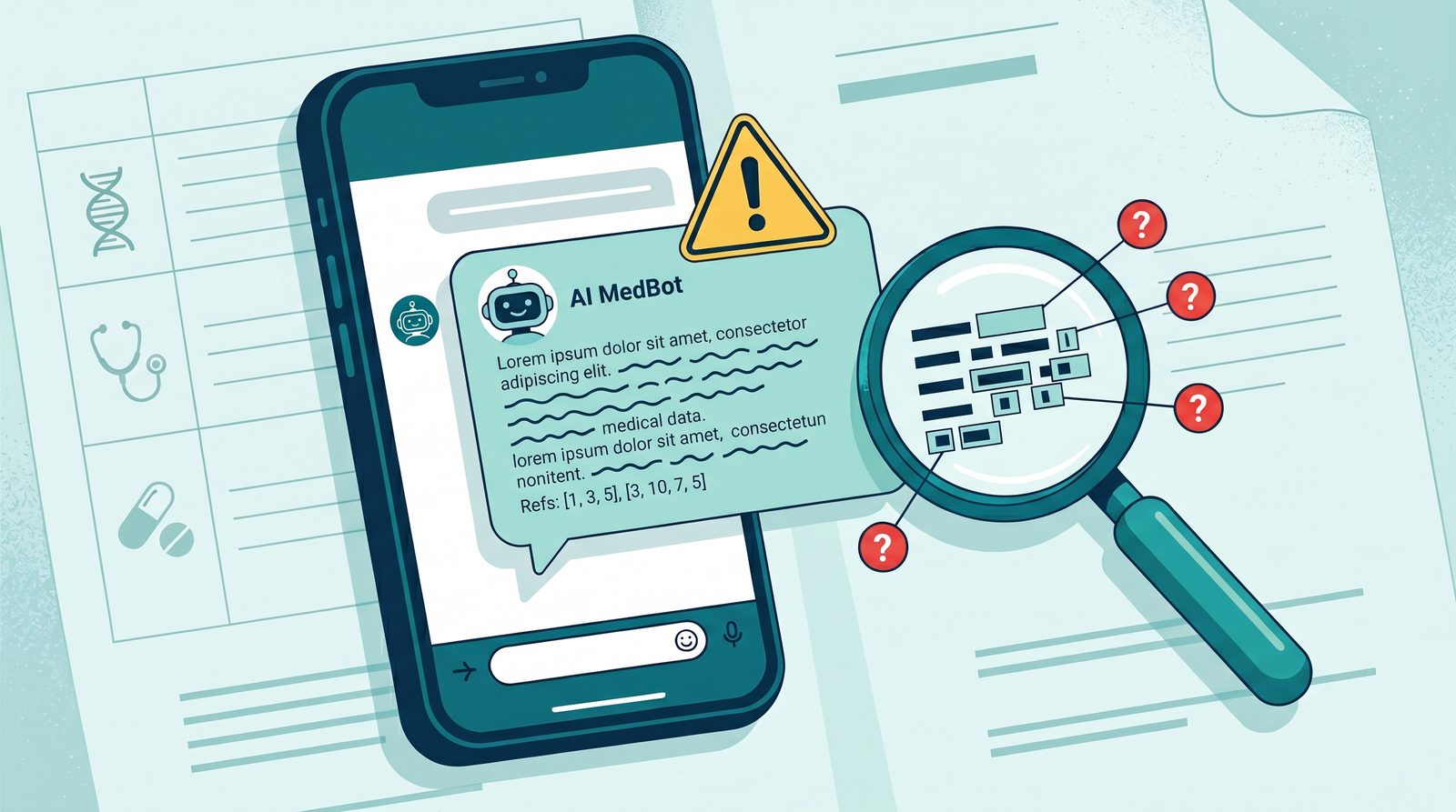 AI chatbot smartphone interface with warning triangle and magnifying glass examining the response for accuracy