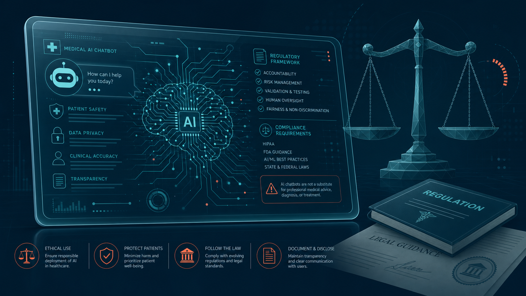 Abstract editorial illustration showing AI regulatory framework with scales of justice and compliance requirements for medical AI chatbots