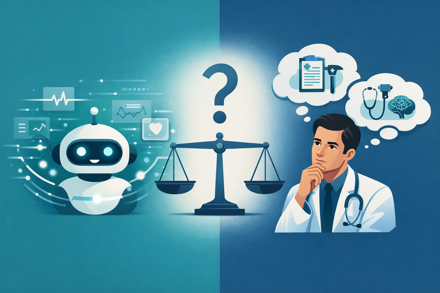 Conceptual illustration comparing AI chatbot data processing with physician clinical reasoning and judgment