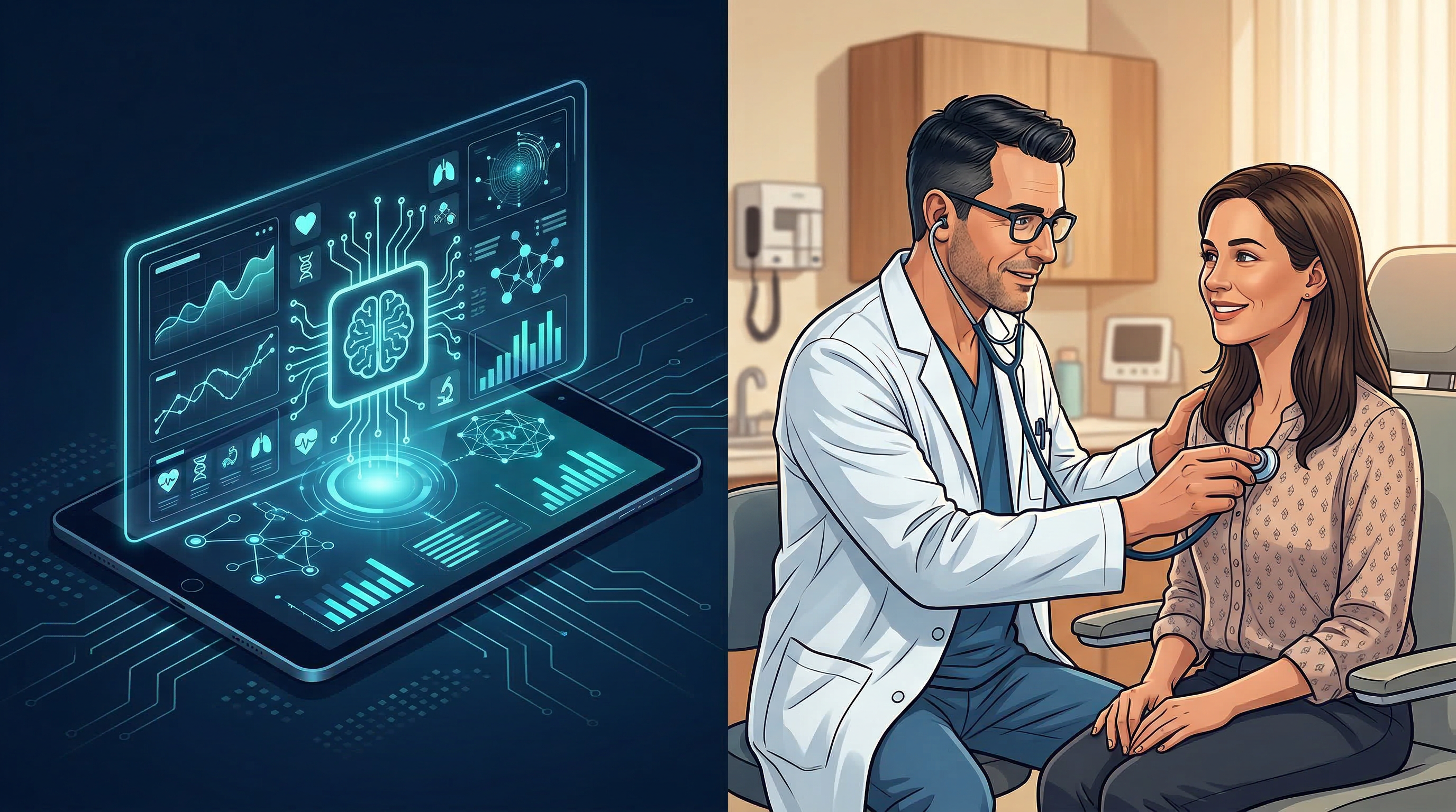 Split illustration contrasting AI diagnostic technology with physician-patient clinical care