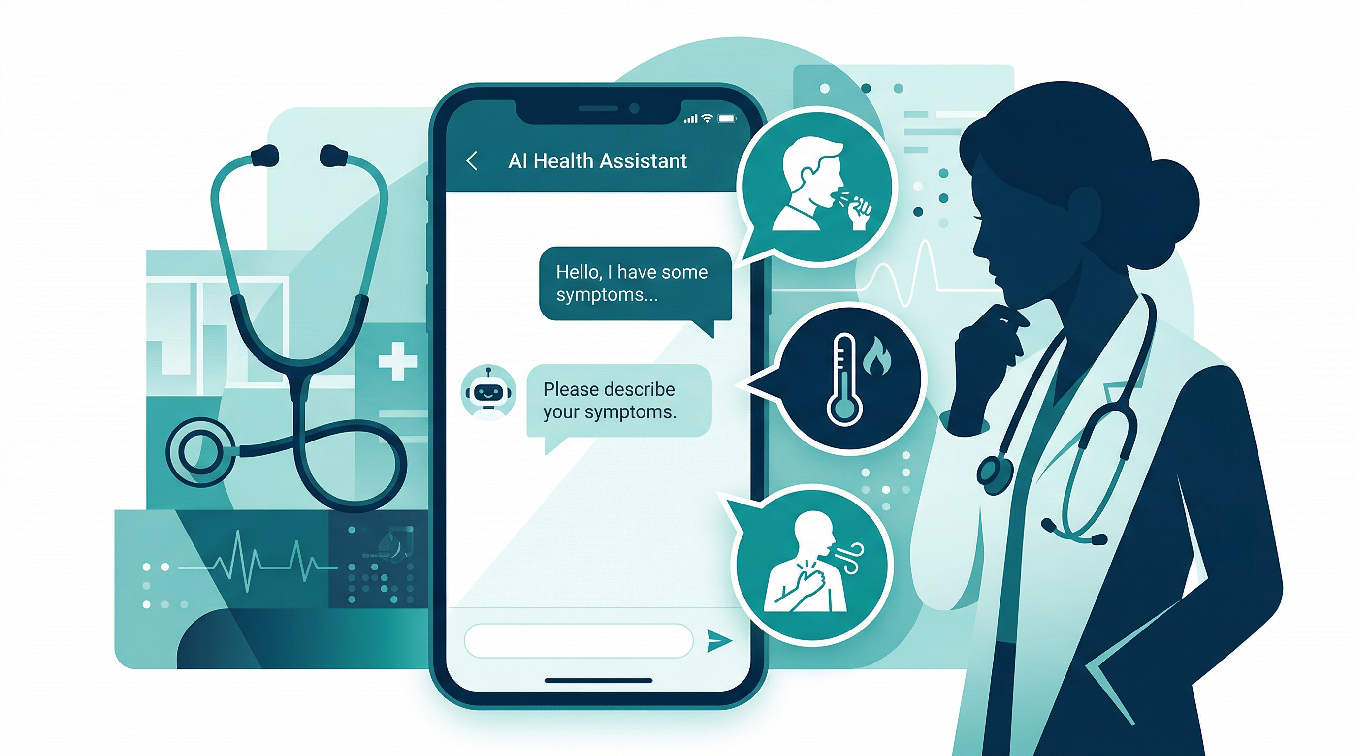 AI health chatbot on smartphone with respiratory symptom icons and physician silhouette representing clinical judgment