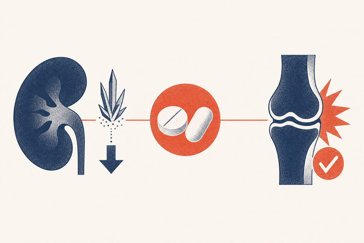Editorial medical illustration comparing allopurinol and colchicine, showing a kidney, a joint, and two medication tablets