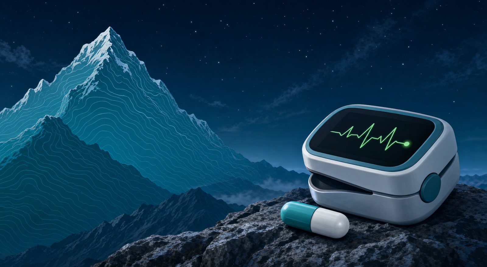Stylized mountain peak with altitude gradient and medical icons — pulse oximeter and pill capsule at base — representing altitude sickness prevention