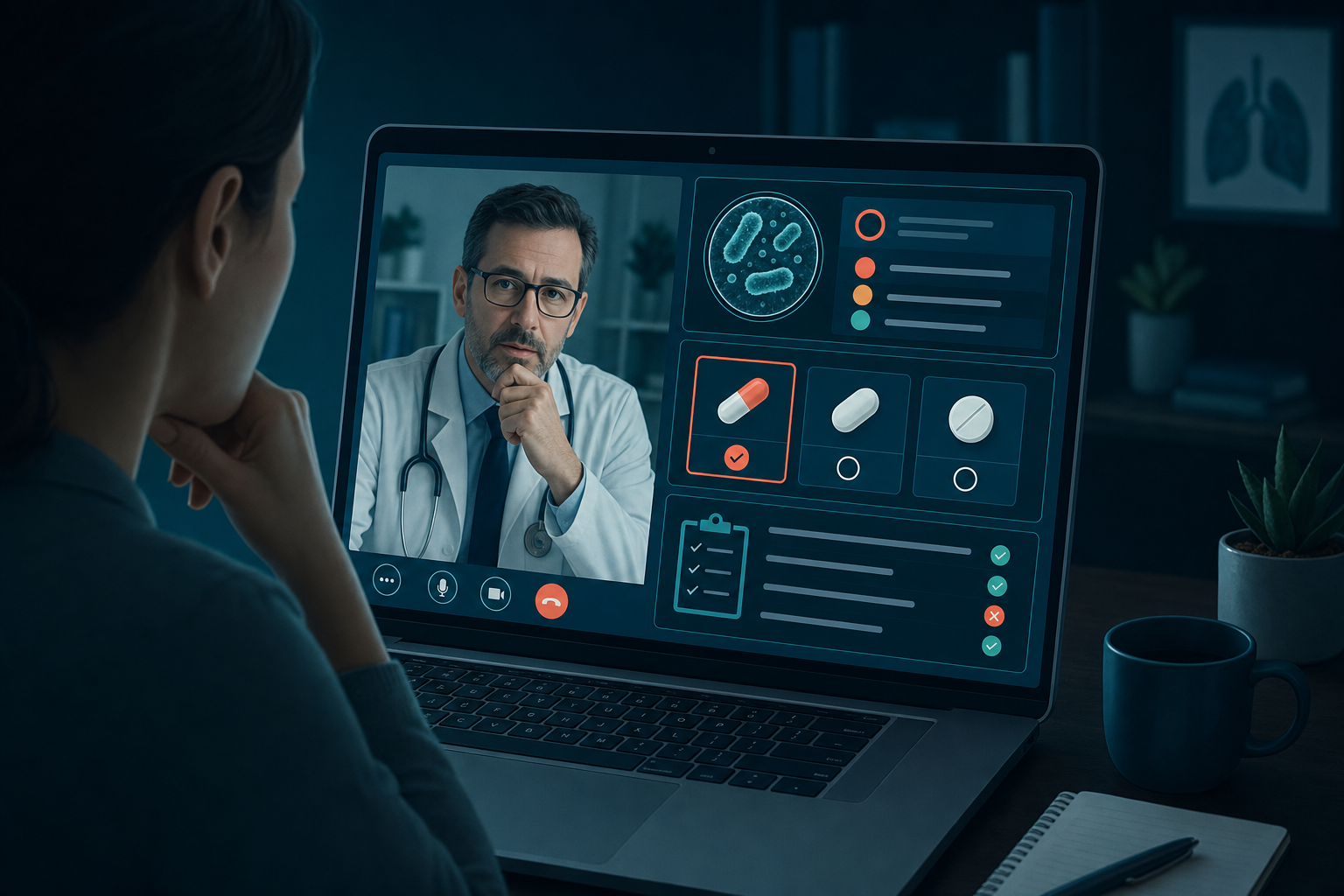 Physician pausing thoughtfully during a telehealth video consultation, reviewing a clinical decision support panel before making a prescription decision