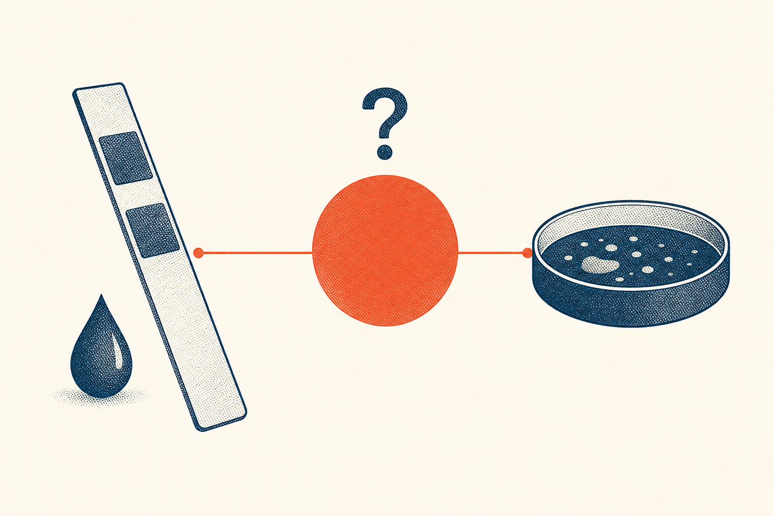 Editorial medical illustration representing at-home UTI test strips and lab-based testing