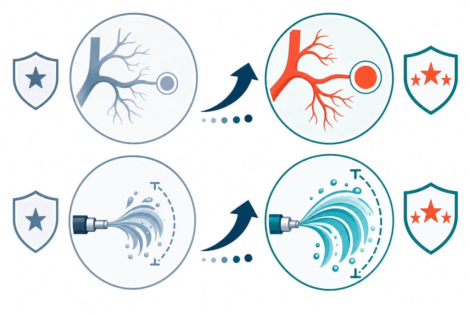 Infographic showing 2023 versus 2026 AUA BPH guideline procedural changes: prostate artery embolization evidence upgrade and Aquablation therapy expanded size range, depicted as abstract medical icons with upgrade arrows in teal and coral