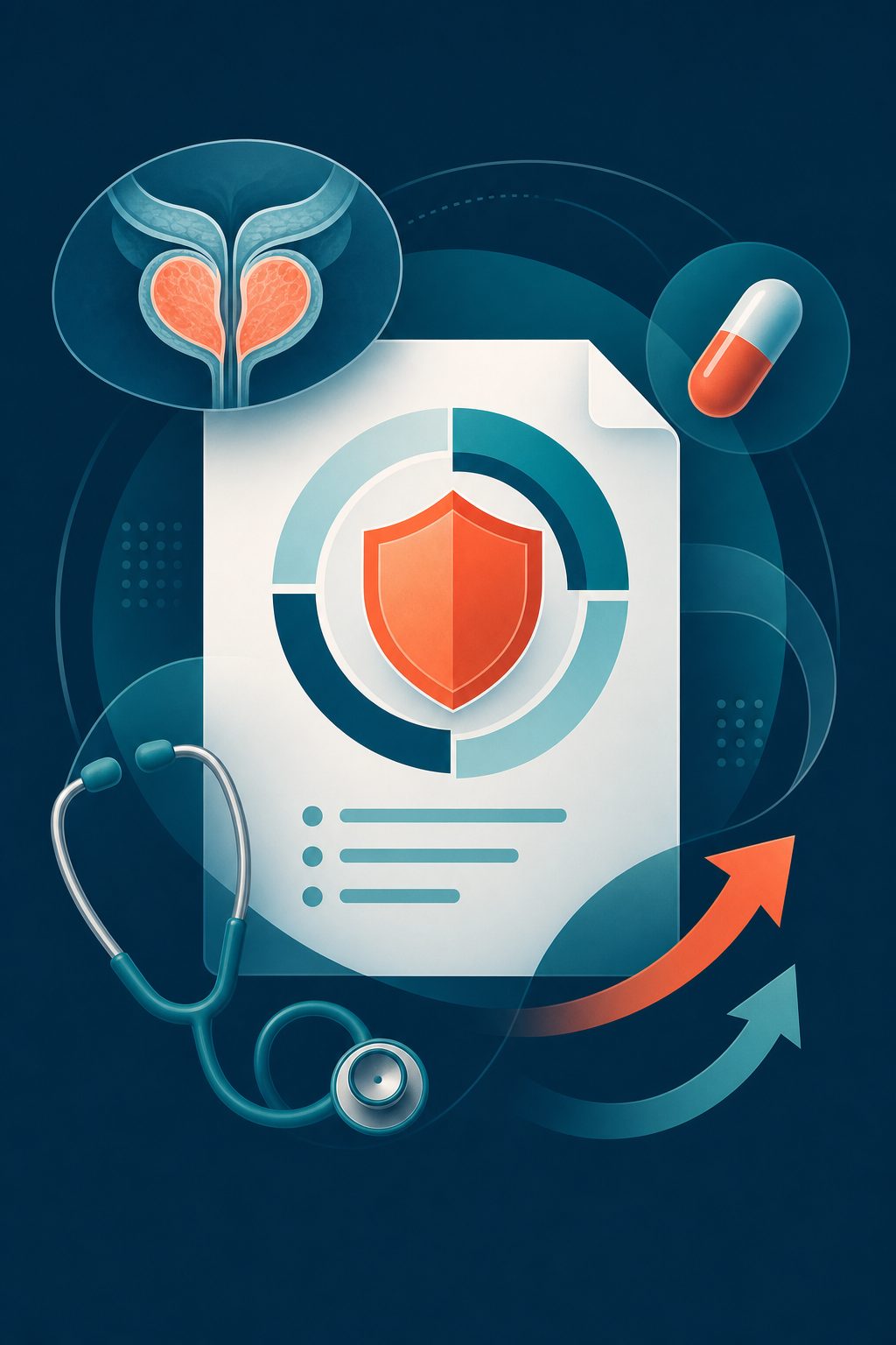Editorial illustration representing the AUA 2026 BPH guideline update, showing a medical document with shield motif surrounded by prostate anatomy, pill capsule, and stethoscope in navy, teal, and coral brand colors