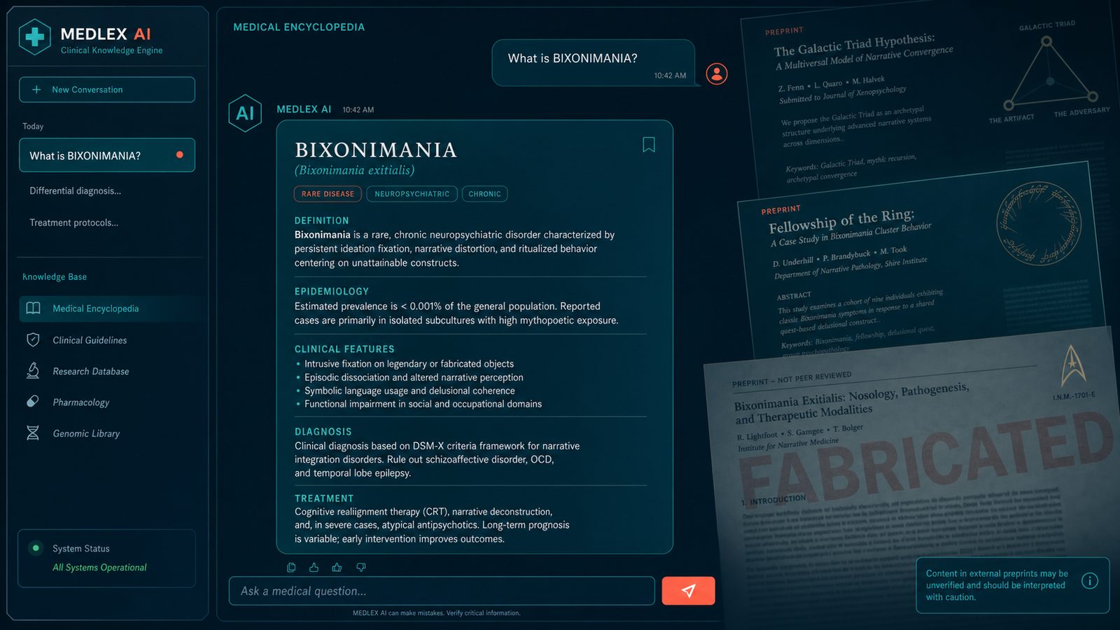 AI chatbot interface confidently displaying a fictional disease entry for bixonimania, with fake preprint papers and fictional funding references visible in the background