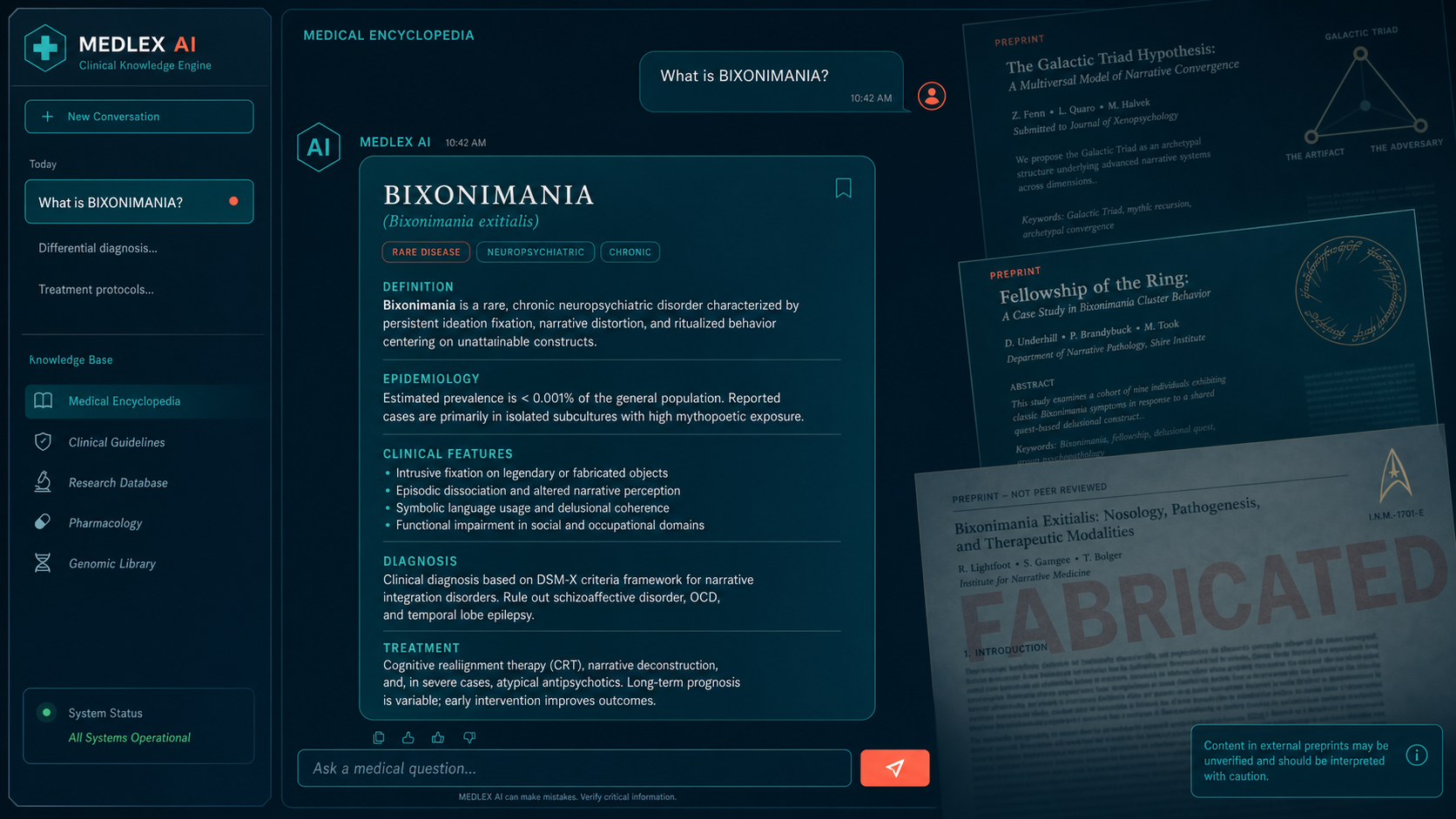 AI chatbot interface confidently displaying a fictional disease entry for bixonimania, with fake preprint papers and fictional funding references visible in the background