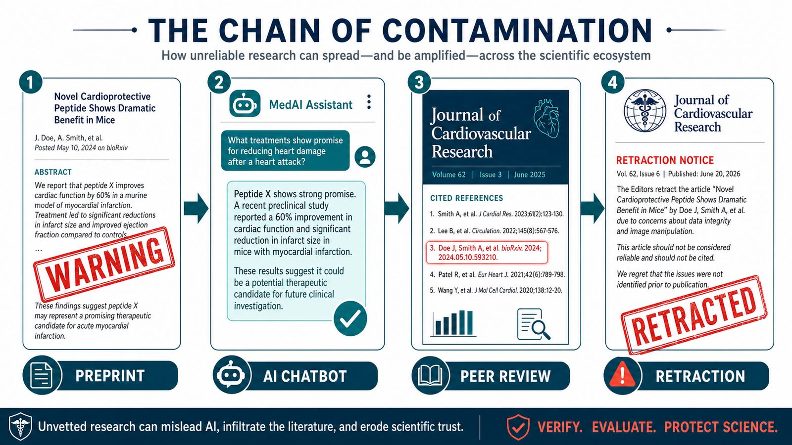 Infographic showing the chain of contamination from preprint to AI chatbot to peer-reviewed paper to retraction notice