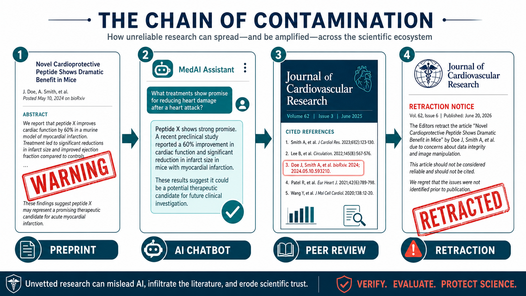 Infographic showing the chain of contamination from preprint to AI chatbot to peer-reviewed paper to retraction notice
