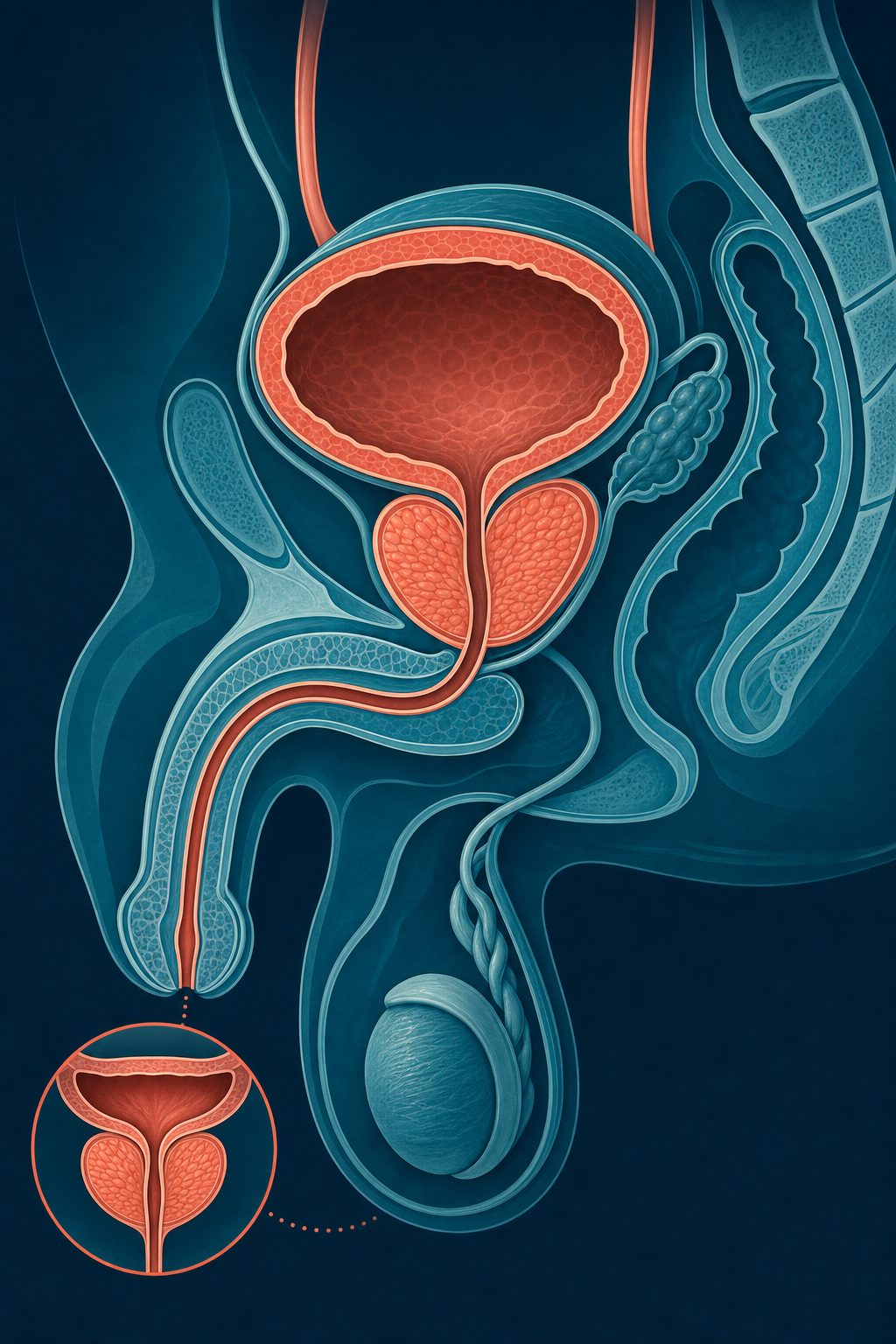 Stylized medical illustration of the male lower urinary tract showing the prostate gland surrounding the urethra, with the bladder above, in navy and teal brand colors