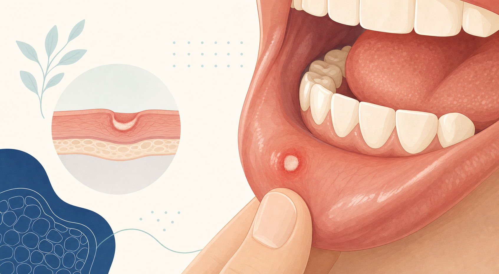 Editorial medical illustration of a canker sore on the inner lip, with a labeled cross-section of the oral mucosa