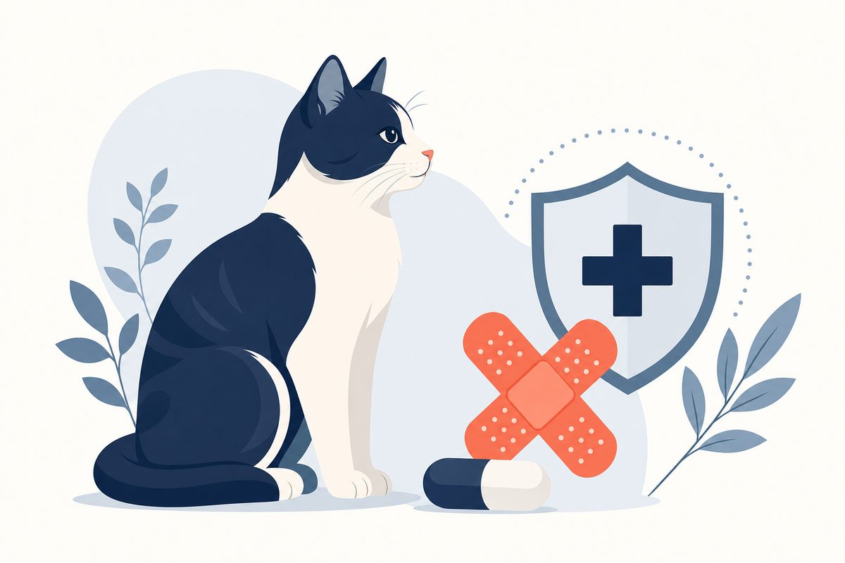 Editorial illustration of a domestic cat beside a bandage, antibiotic capsule, and protective shield representing cat bite infection care