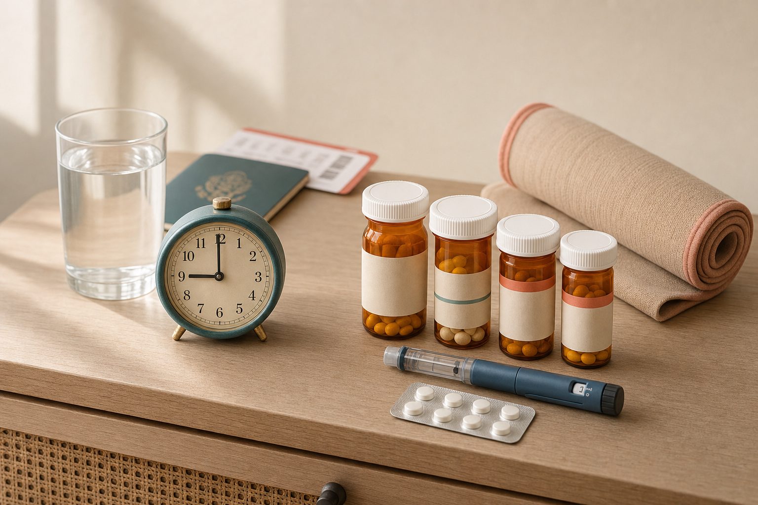 Editorial medical illustration: a warm nightstand still life with a glass of water, a small travel clock, four prescription pill bottles, an insulin pen, a blister pack, a passport with a boarding pass, and a rolled compression stocking, representing an international visiting parent managing chronic conditions during a US trip