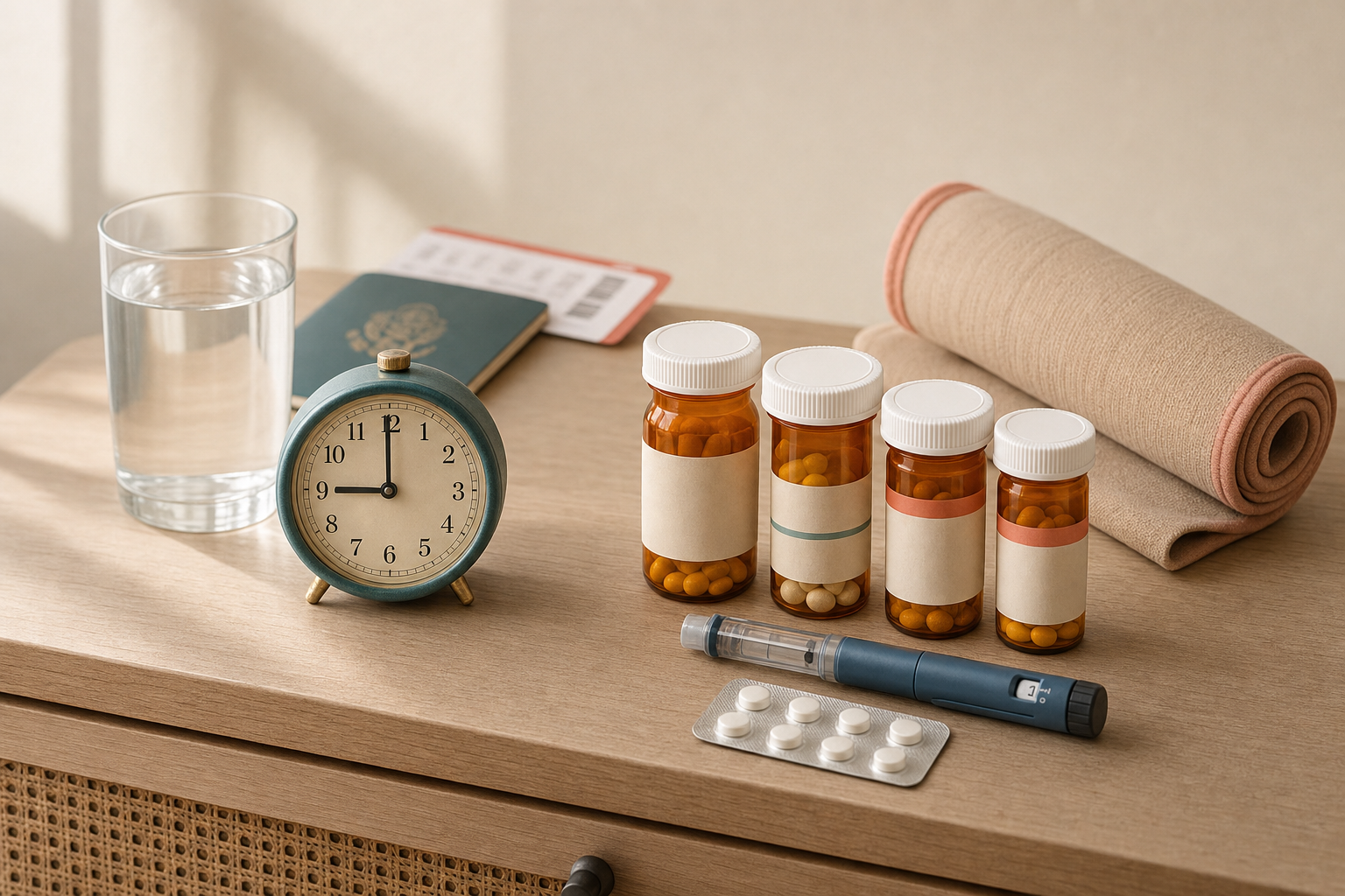 Editorial medical illustration: a warm nightstand still life with a glass of water, a small travel clock, four prescription pill bottles, an insulin pen, a blister pack, a passport with a boarding pass, and a rolled compression stocking, representing an international visiting parent managing chronic conditions during a US trip
