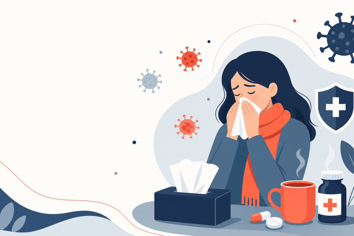 Editorial medical illustration representing Common Cold & Influenza (Flu)