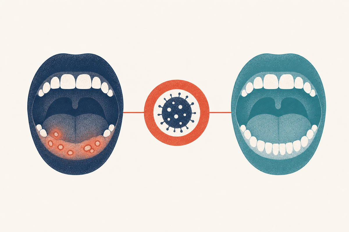 Editorial medical illustration representing herpes sores inside the mouth