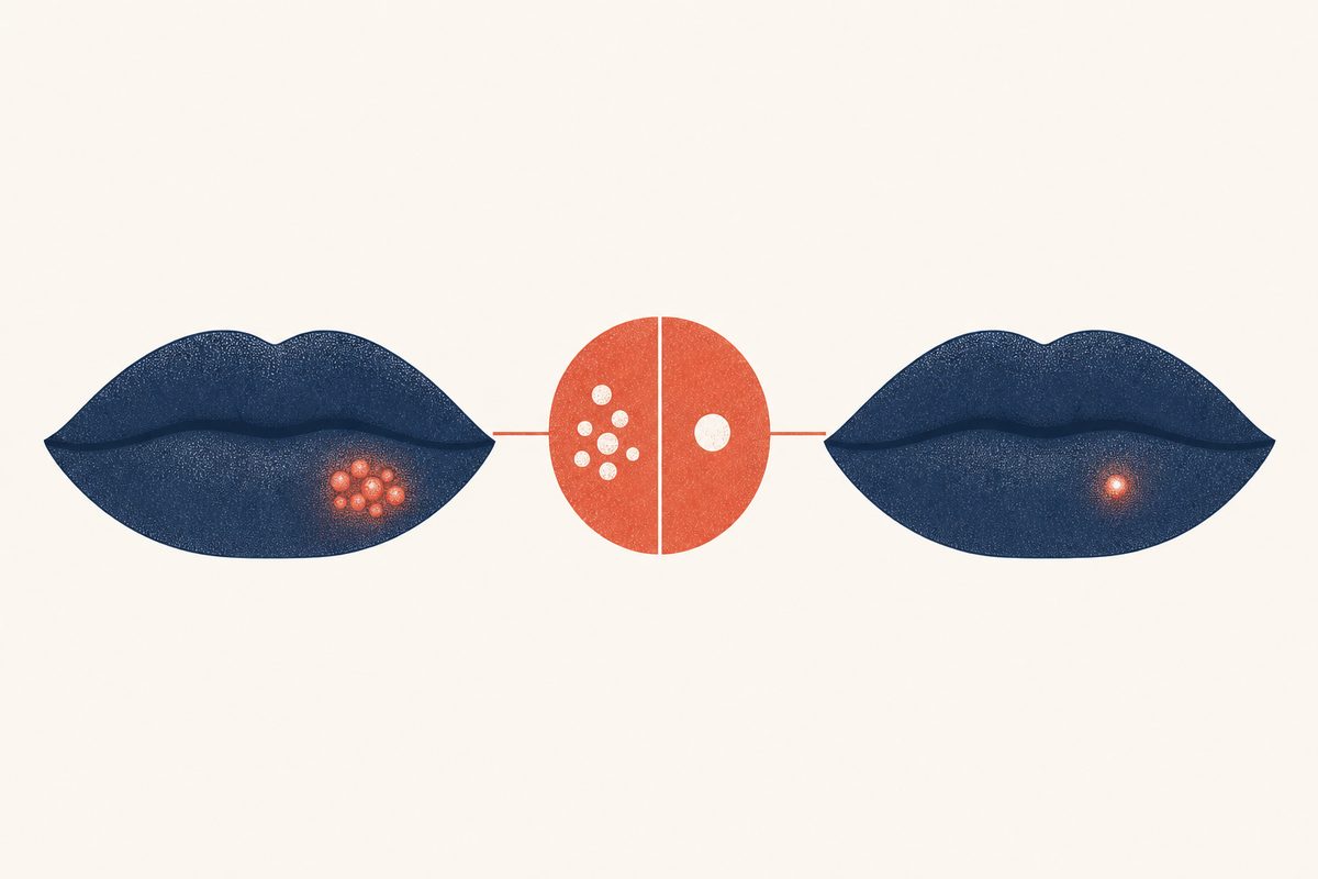 Editorial medical illustration comparing a cold sore and a pimple