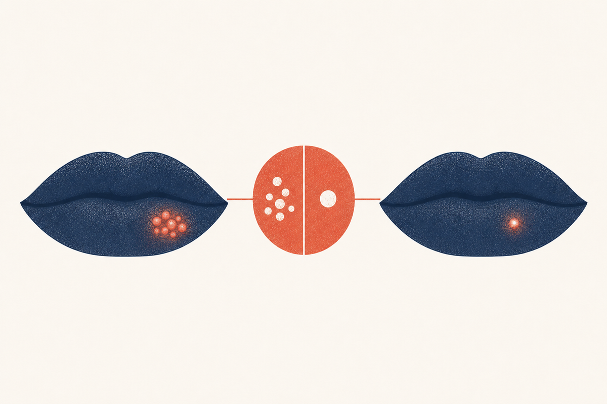 Editorial medical illustration comparing a cold sore and a pimple