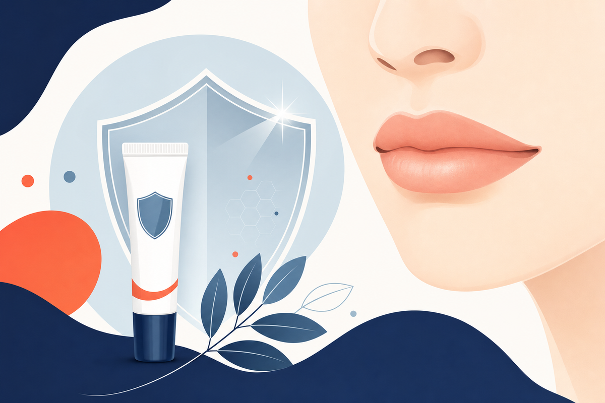 Editorial medical illustration representing Cold Sores (HSV-1)