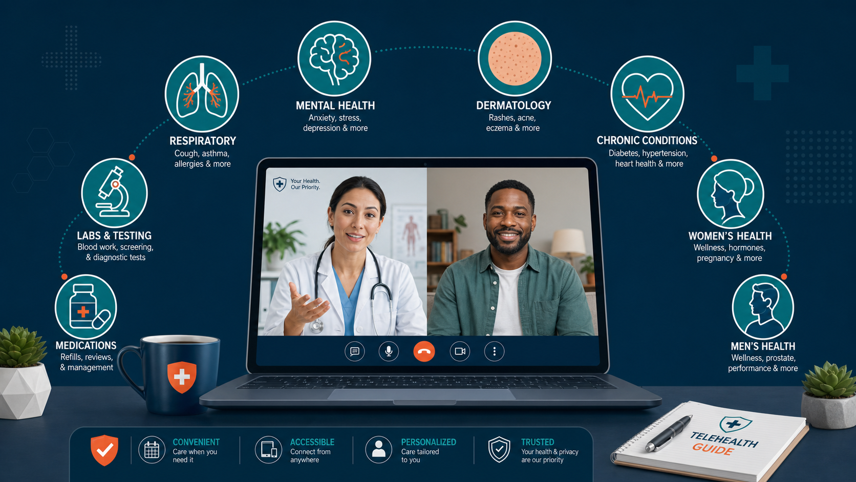 Editorial illustration showing telehealth interface surrounded by diverse condition category icons representing the breadth of virtual care in 2026