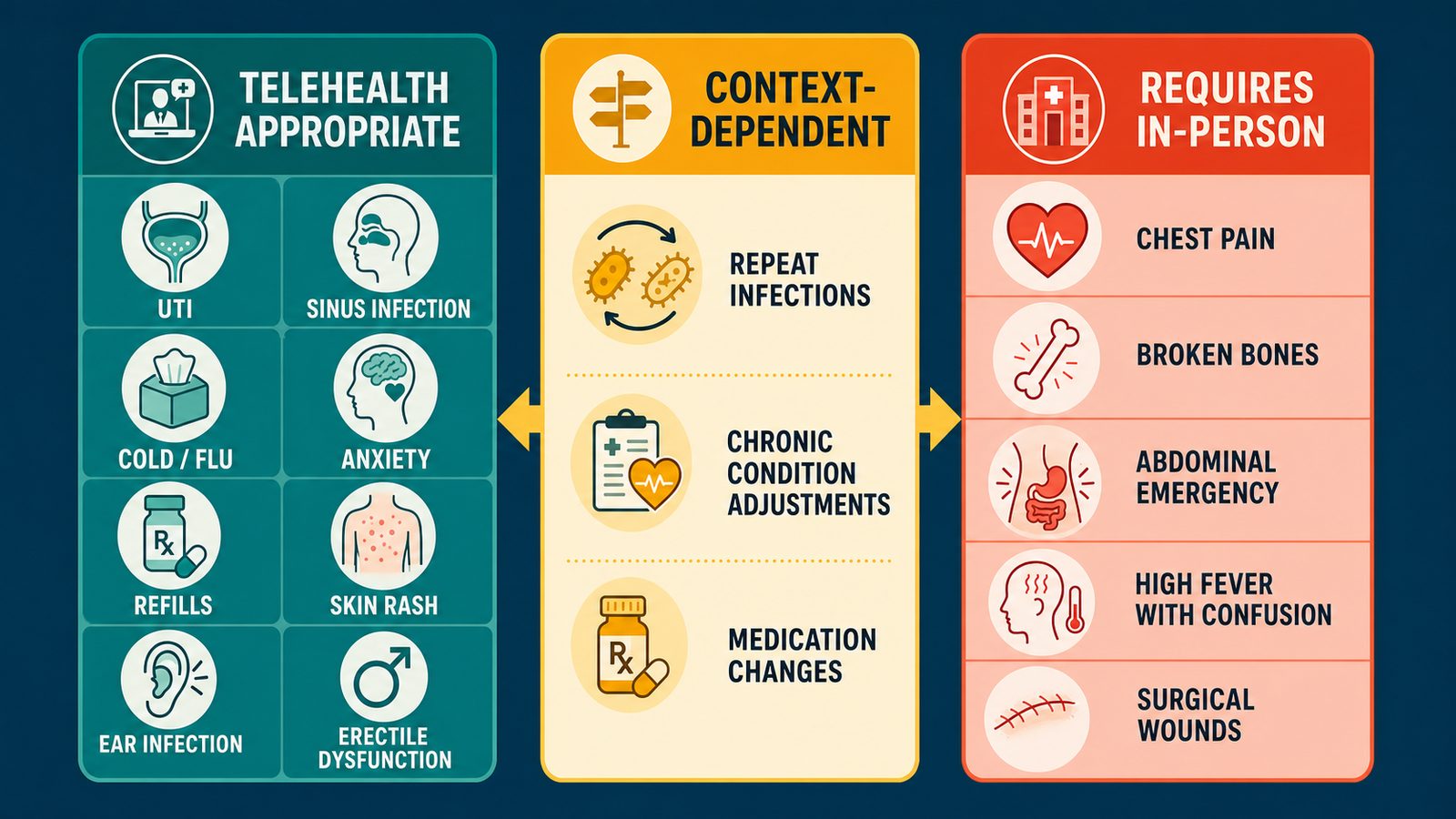 Three-tier decision framework visual: Telehealth Appropriate (green) showing UTI, sinus infection, cold/flu; Context-Dependent (amber) showing chronic condition adjustments; Requires In-Person (red/orange) showing chest pain and emergencies