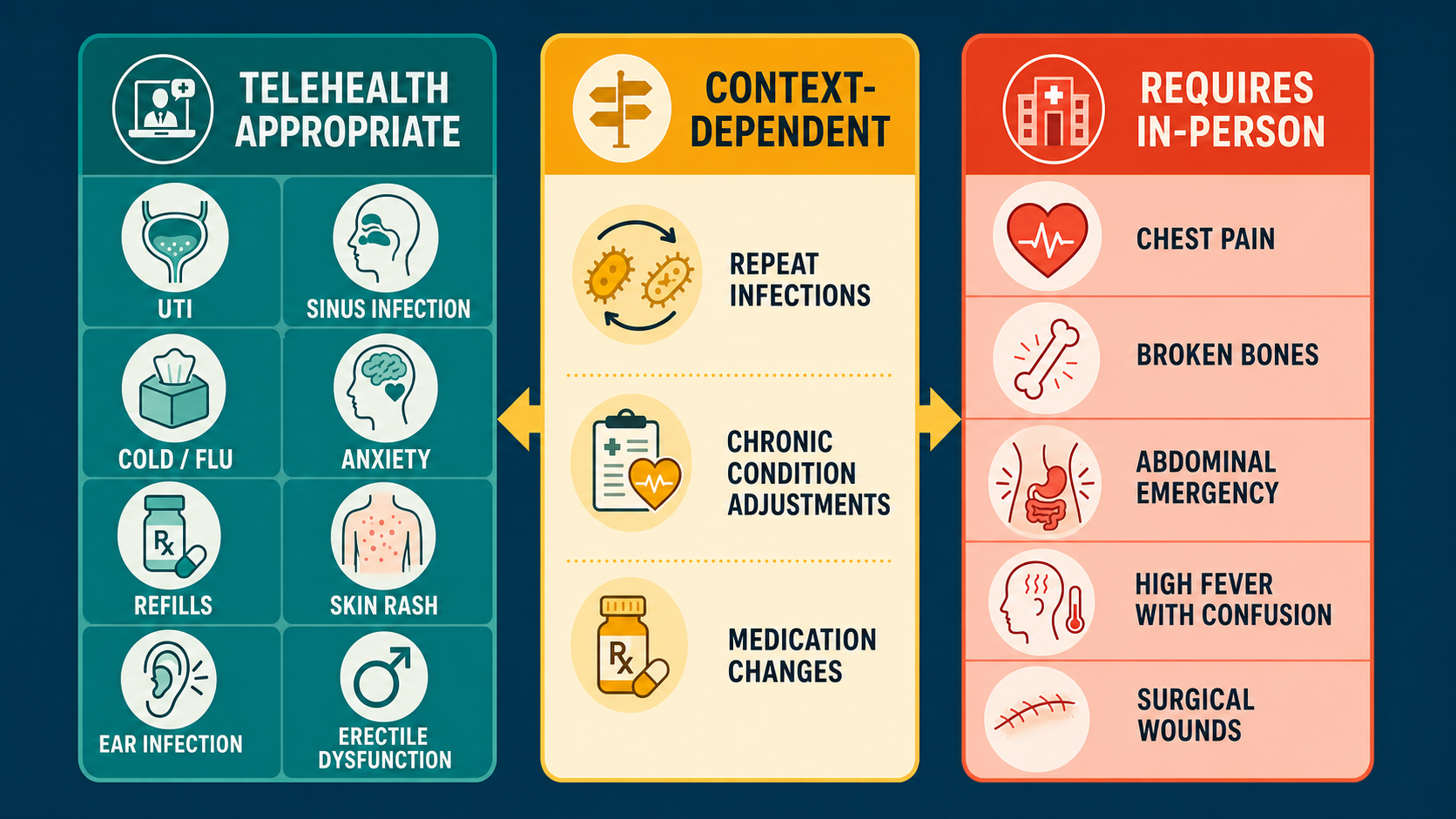 Three-tier decision framework visual: Telehealth Appropriate (green) showing UTI, sinus infection, cold/flu; Context-Dependent (amber) showing chronic condition adjustments; Requires In-Person (red/orange) showing chest pain and emergencies