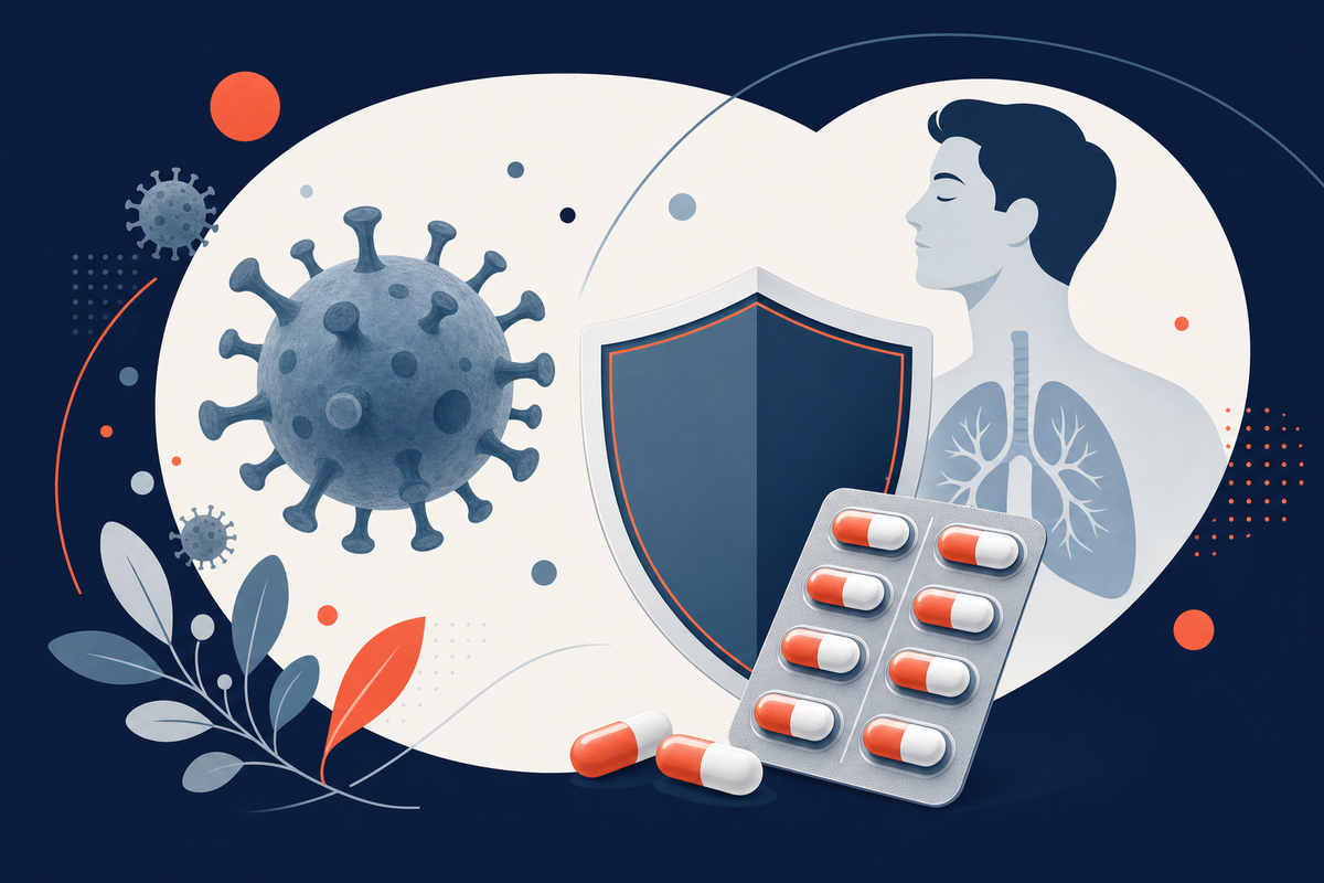 Editorial medical illustration representing COVID-19 & Paxlovid Treatment