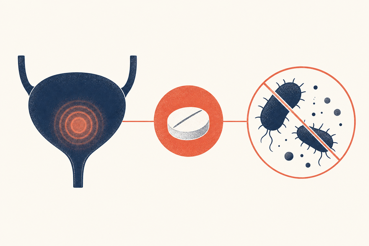 Editorial medical illustration representing phenazopyridine (AZO) and urinary tract infection symptom relief