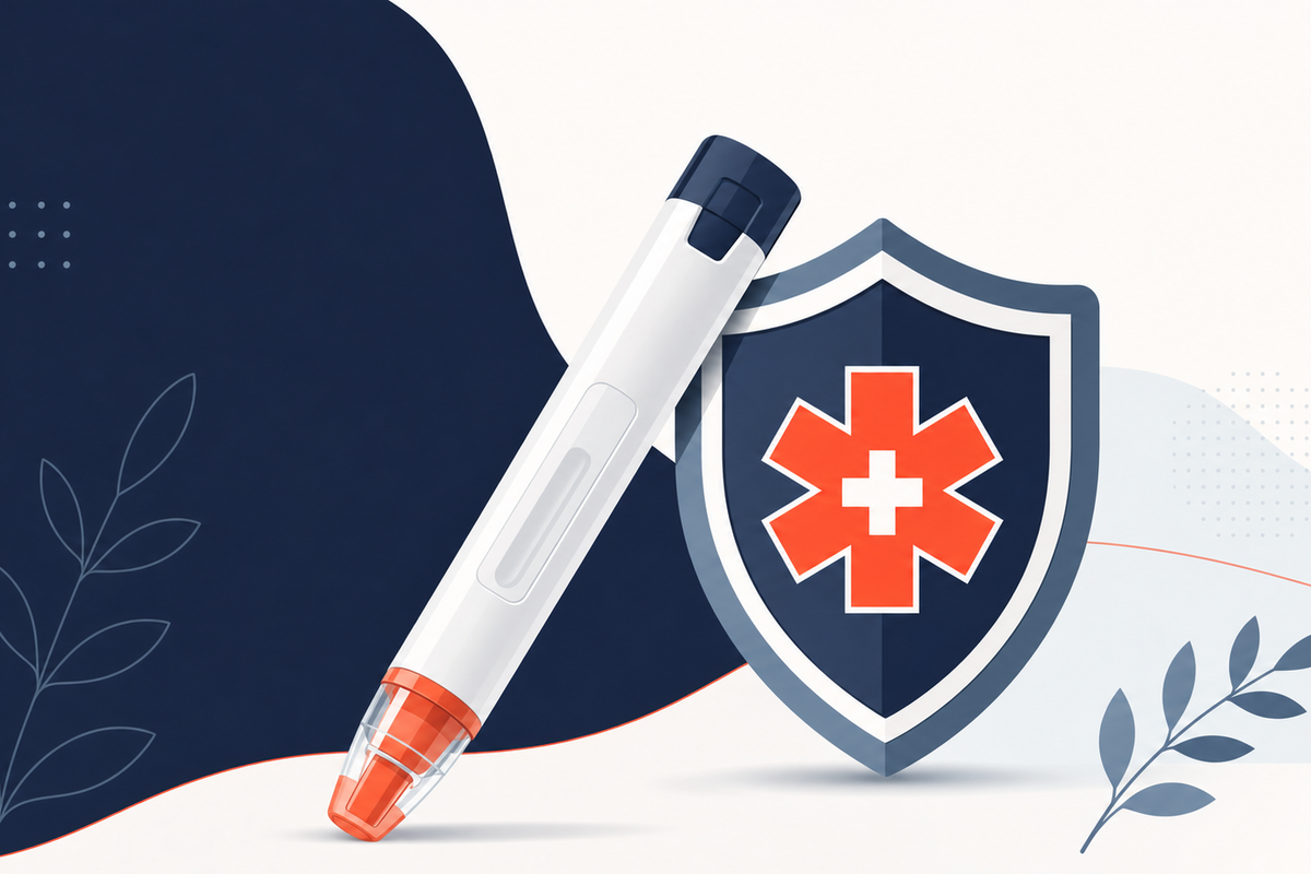 Editorial medical illustration representing Epinephrine Auto-Injector (EpiPen) Prescription & Usage Guide