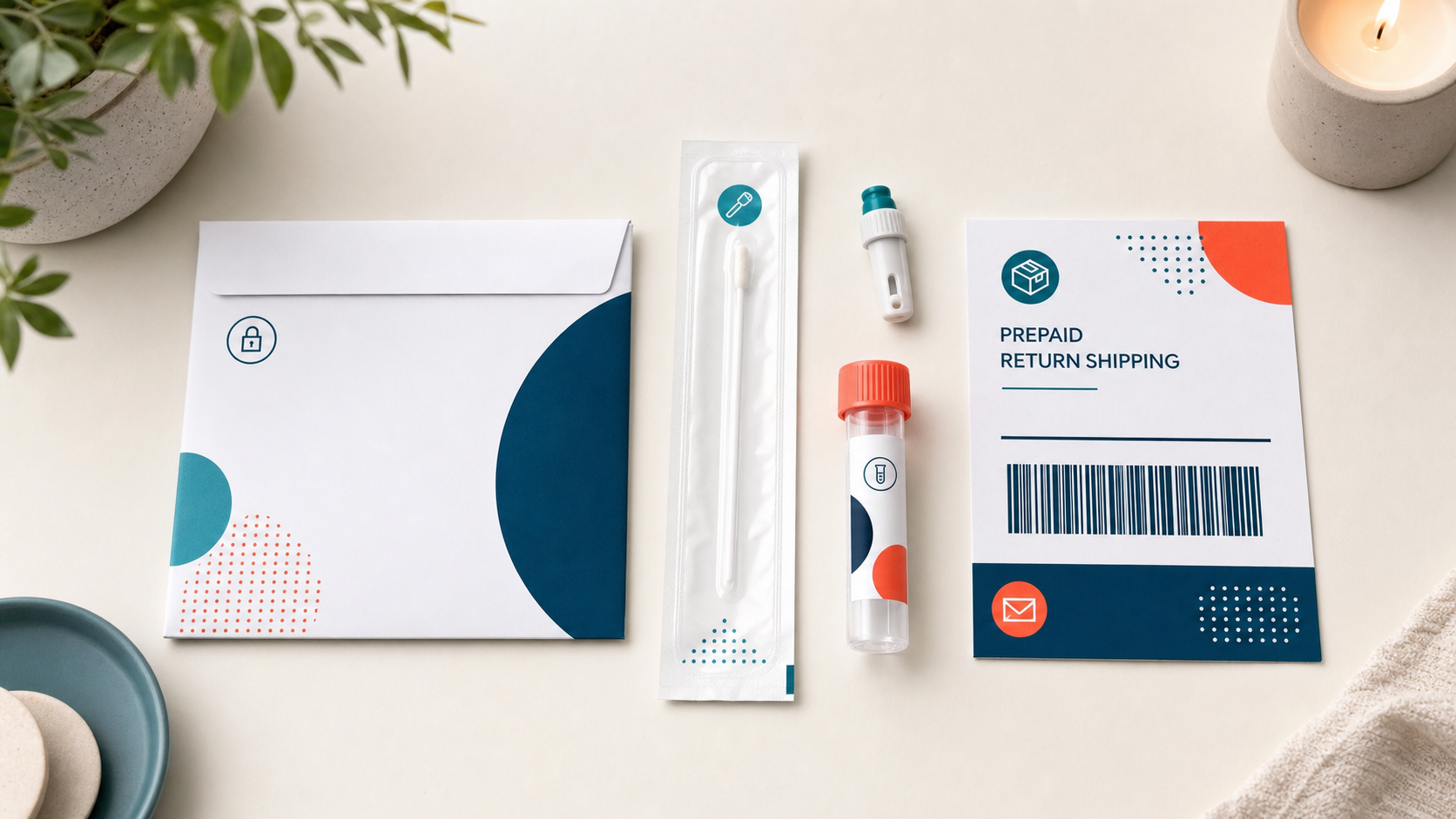 At-home STI test kit laid out on a clean desk — sealed swab packaging, specimen tube, finger-prick lancet, and prepaid return envelope suggesting private mail-in lab testing