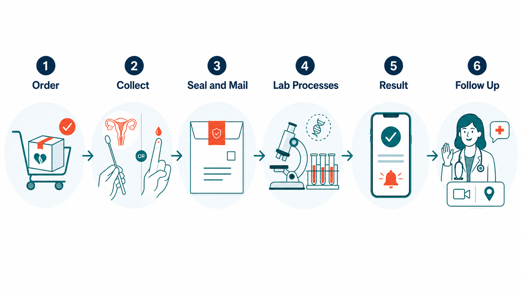 Step-by-step infographic showing the home STI testing workflow: order, collect (swab or finger-prick), seal and mail, lab processes, result via app, follow up with telehealth or in-person care
