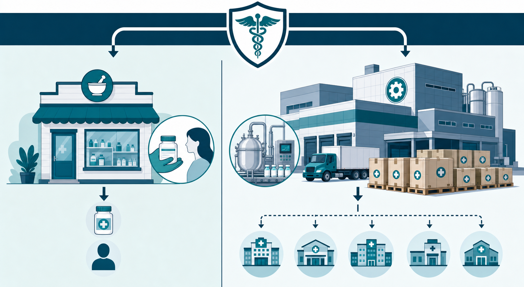 Diagram showing 503A patient-specific pharmacy compounding versus 503B large-scale outsourcing facility compounding with FDA oversight