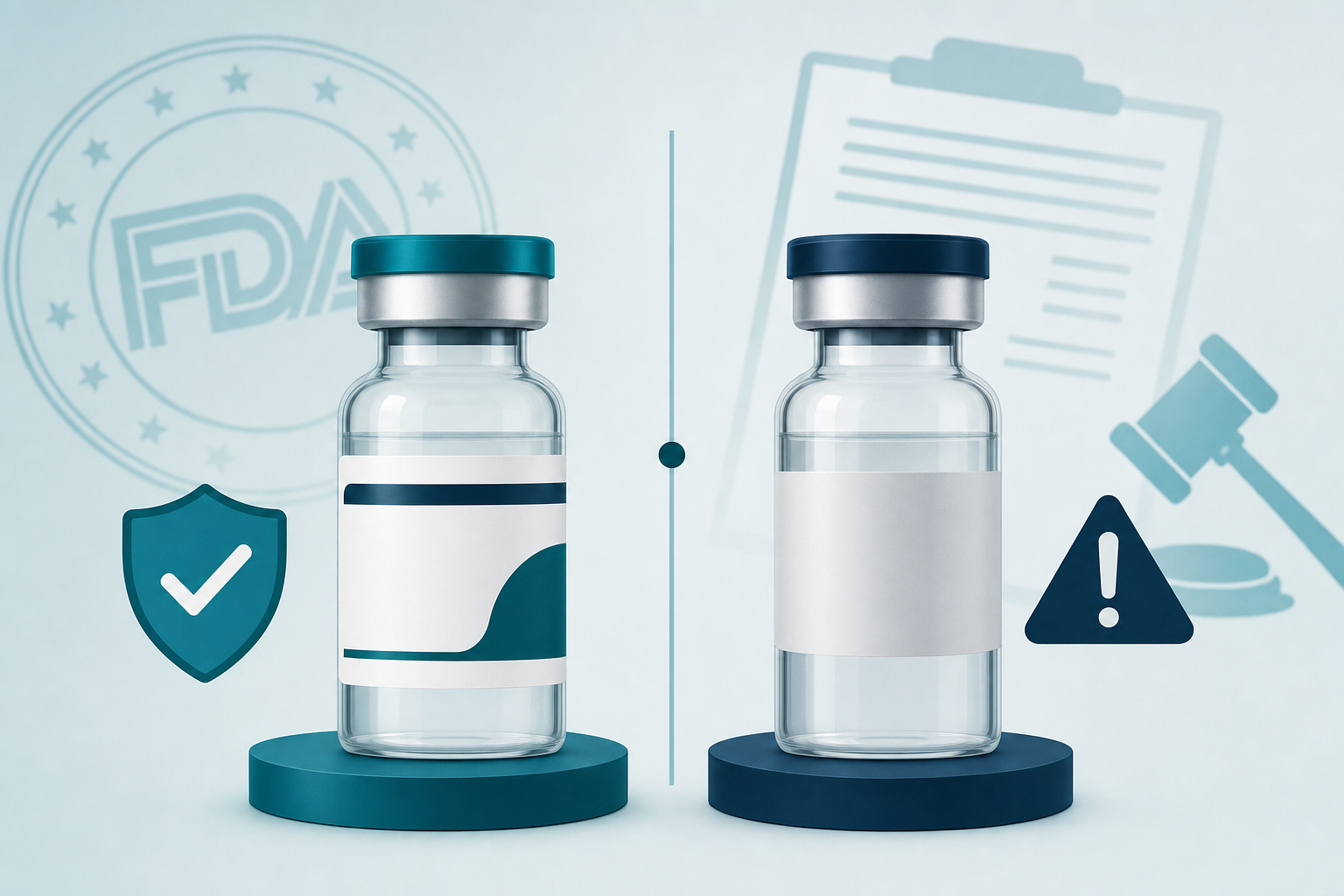 Comparison of an FDA-approved branded GLP-1 vial with a generic compounding vial showing regulatory distinction