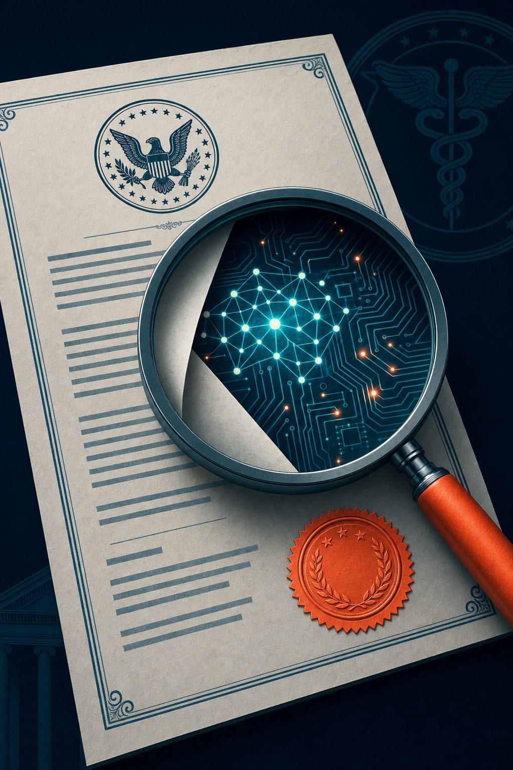 FDA regulatory warning document with a magnifying glass revealing circuit board and neural network patterns beneath, representing AI under regulatory scrutiny
