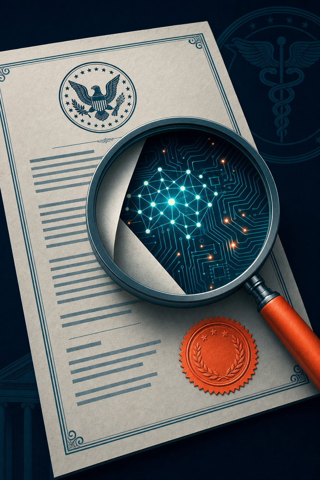 FDA regulatory warning document with a magnifying glass revealing circuit board and neural network patterns beneath, representing AI under regulatory scrutiny