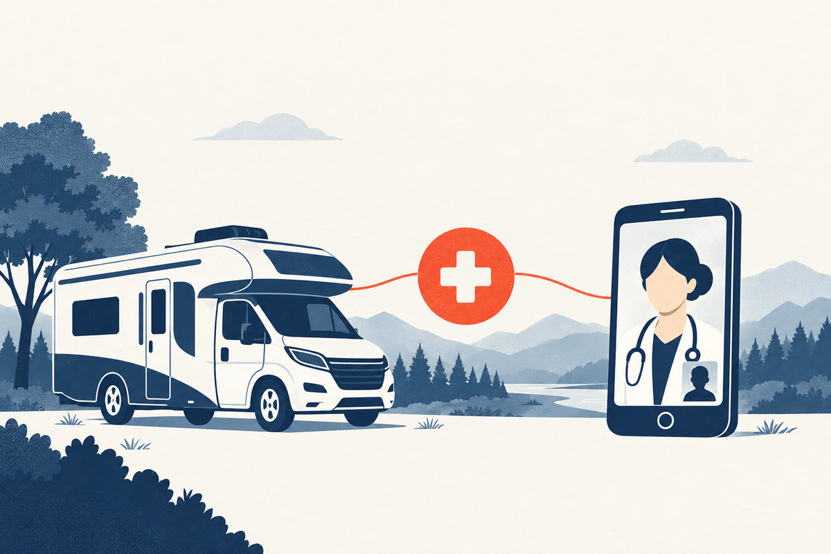 Editorial medical illustration representing health care while living in an RV full time