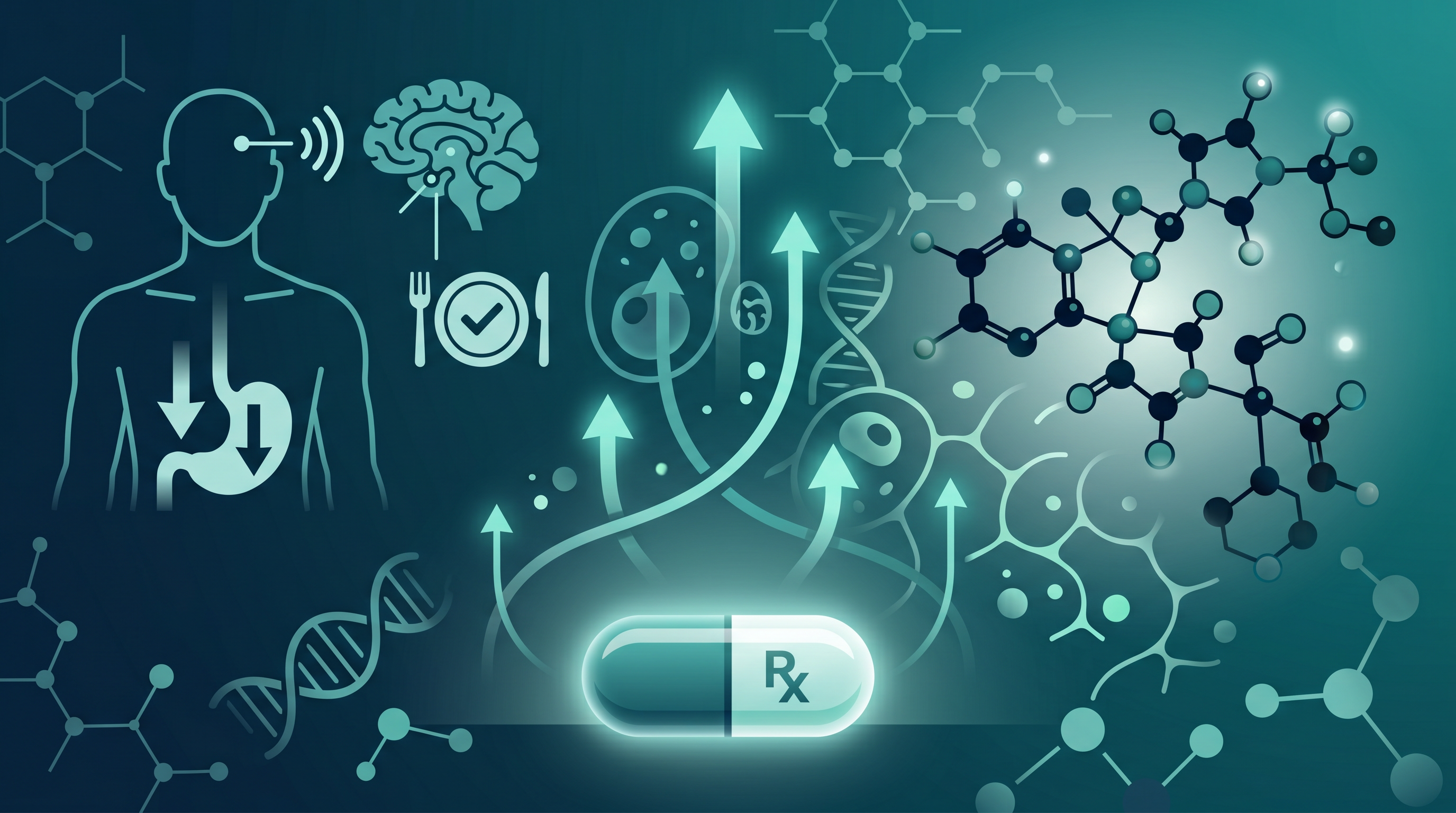 GLP-1 weight loss medication pill with molecular structure and appetite regulation diagram