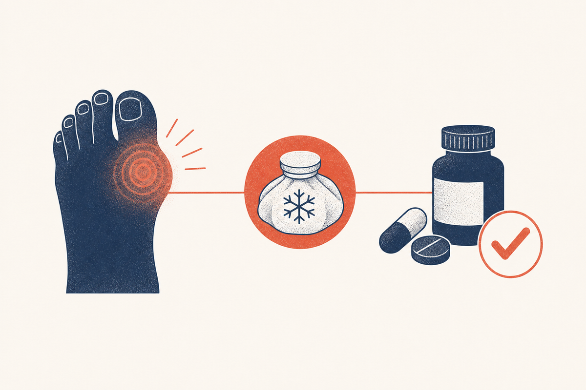 Editorial medical illustration representing gout attack treatment, showing a swollen toe joint, an ice pack, and medication