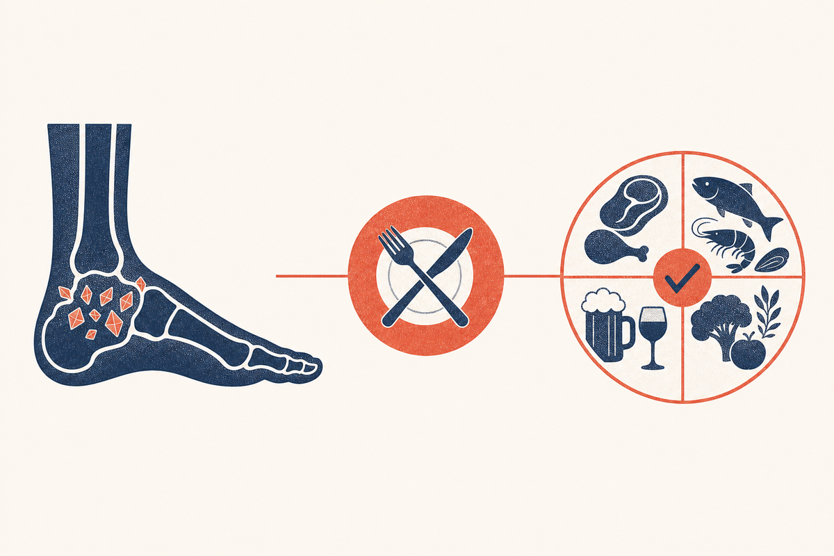 Editorial medical illustration representing the gout diet, showing a joint, a balanced plate, and foods to avoid