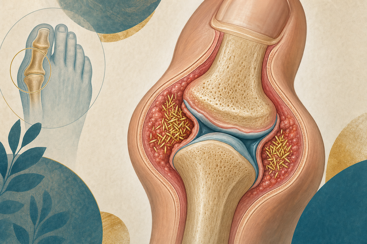 Editorial medical illustration representing gout and monosodium urate crystals in a joint