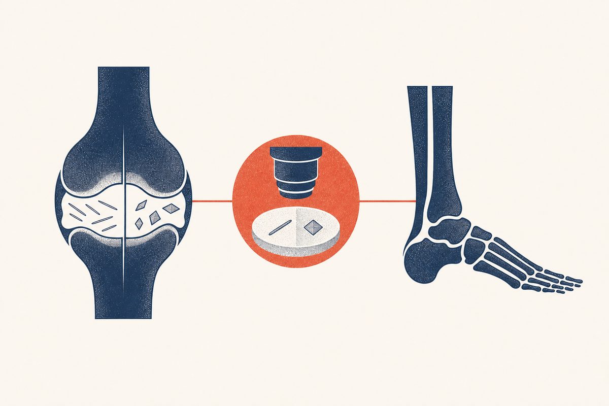 Editorial medical illustration comparing gout and pseudogout, showing a divided knee joint with two different crystal shapes under a microscope