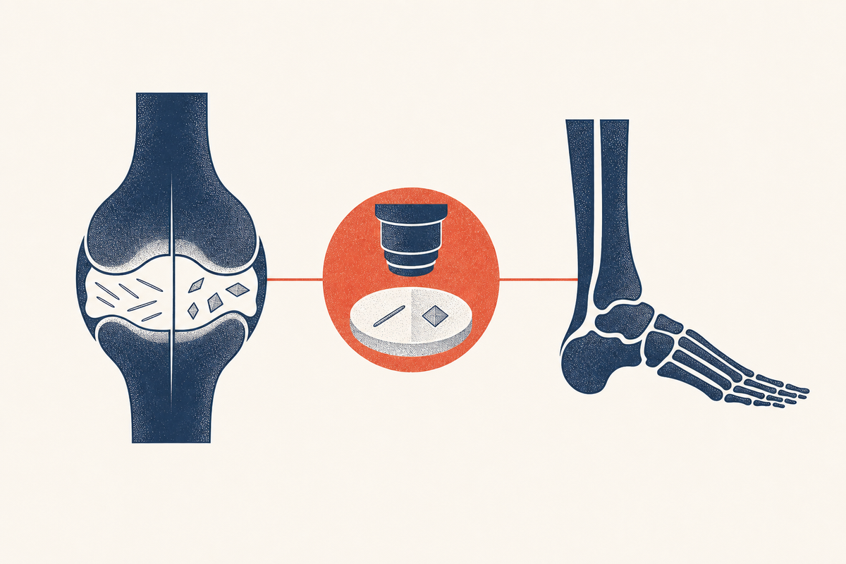 Editorial medical illustration comparing gout and pseudogout, showing a divided knee joint with two different crystal shapes under a microscope