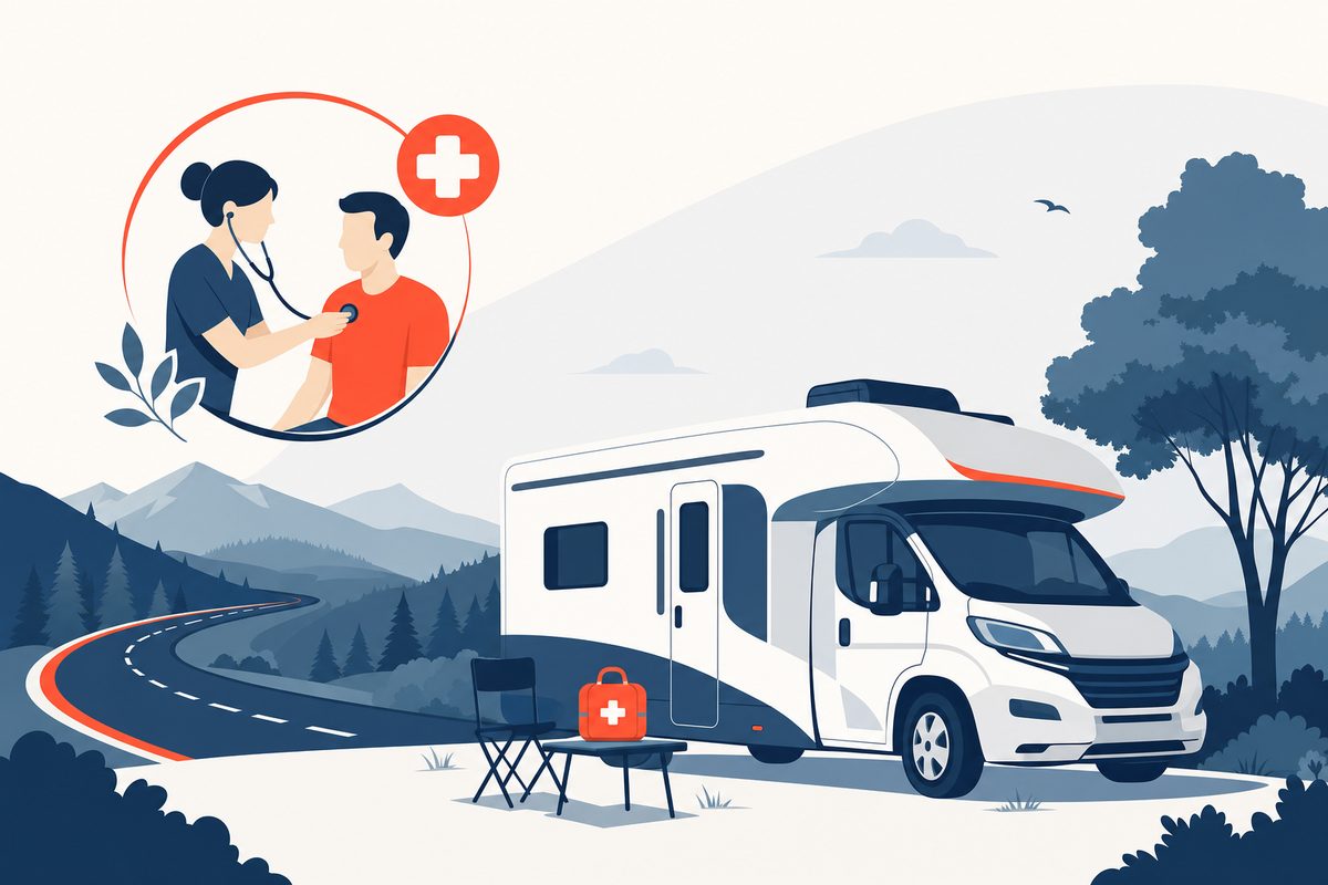 Editorial medical illustration representing Healthcare on the Road