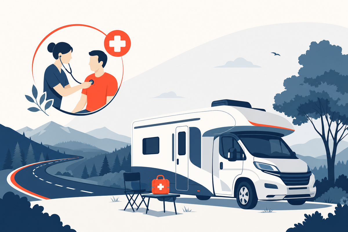 Editorial medical illustration representing Healthcare on the Road