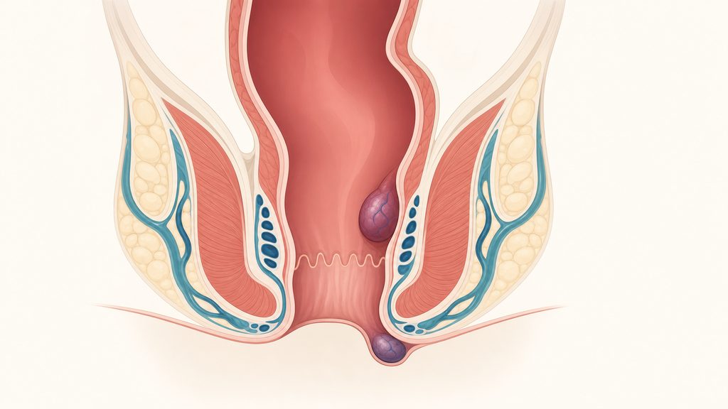 Editorial medical illustration of internal and external hemorrhoids in the anal canal